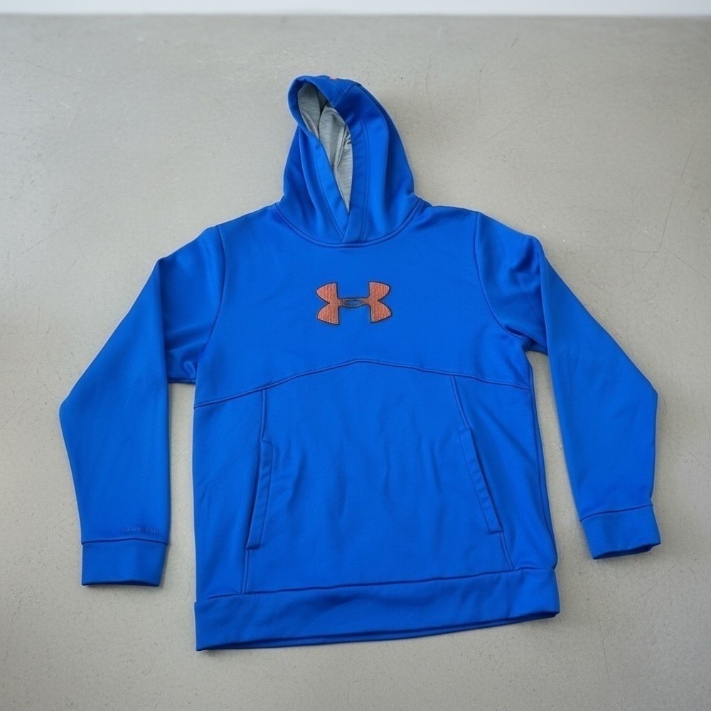 Under Armour Storm Mens Hoodie Royal Blue Orange Logo Fleece Pullover MD M